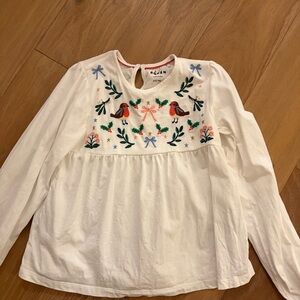 8-9 mini Boden White Long Sleeve Top with Embroidered Birds